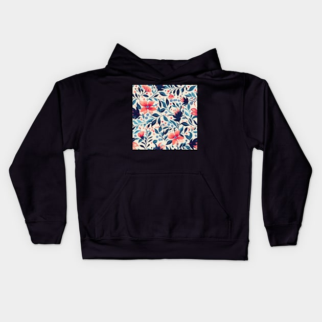 Pink and Navy Seamless Floral Pattern on White Kids Hoodie by AstroWolfStudio